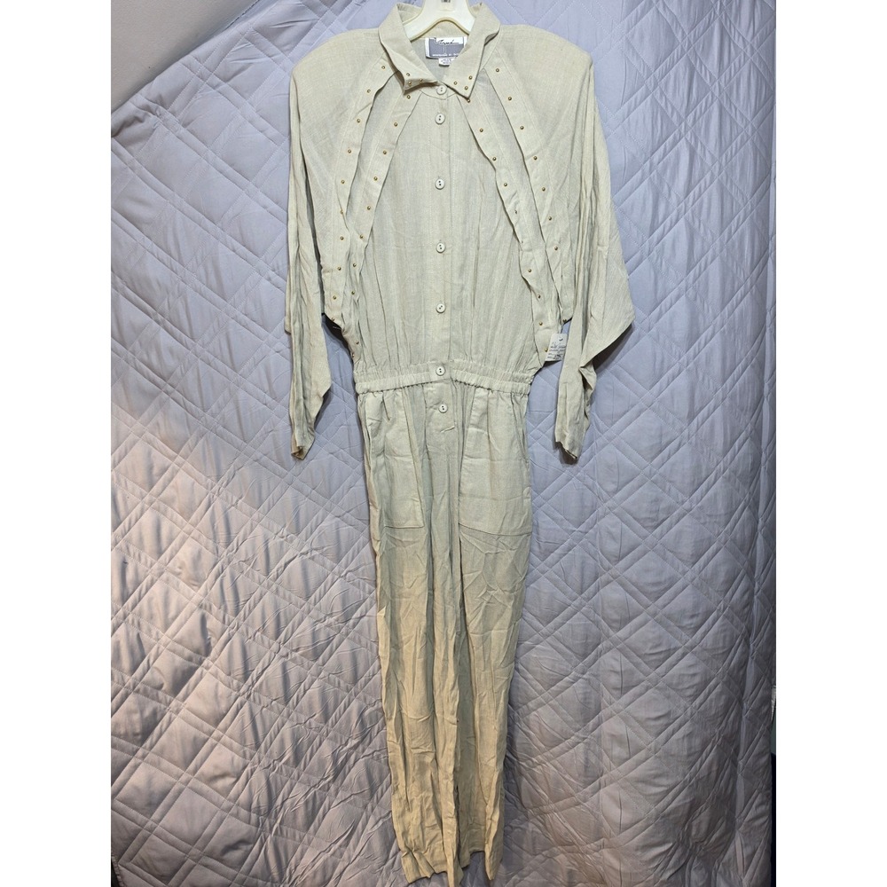 Vintage Tazne Sportswear Beige Studded Rayon Jumpsuit Womens Medium 80s Utility